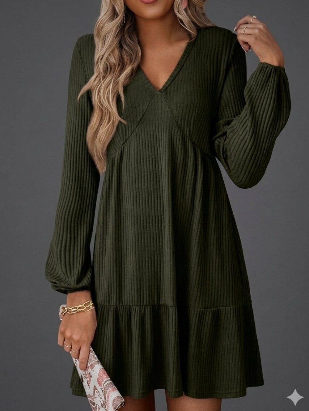 Dokotoo Olive Ribbed V-Neck Long Sleeve Dress (NWT)